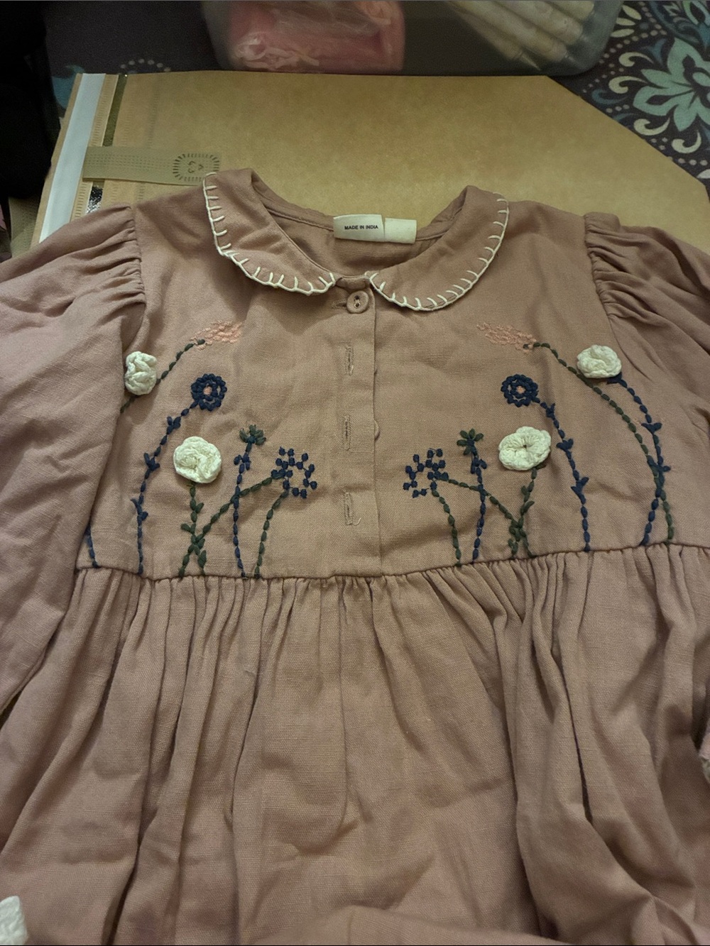 Ren and Rouge beige cotton ling sleeve dress with floral embroidery and Collar